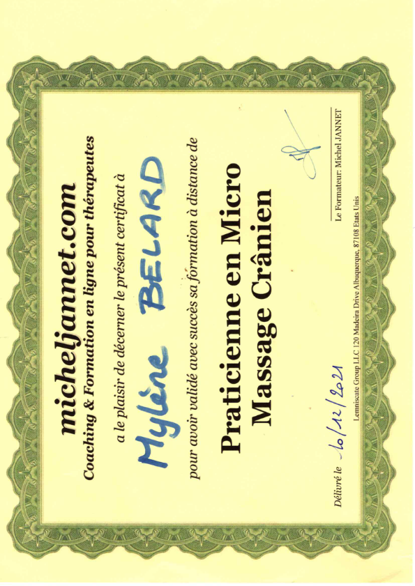 photo diplome MB BIEN ETRE MYLENE BELARD