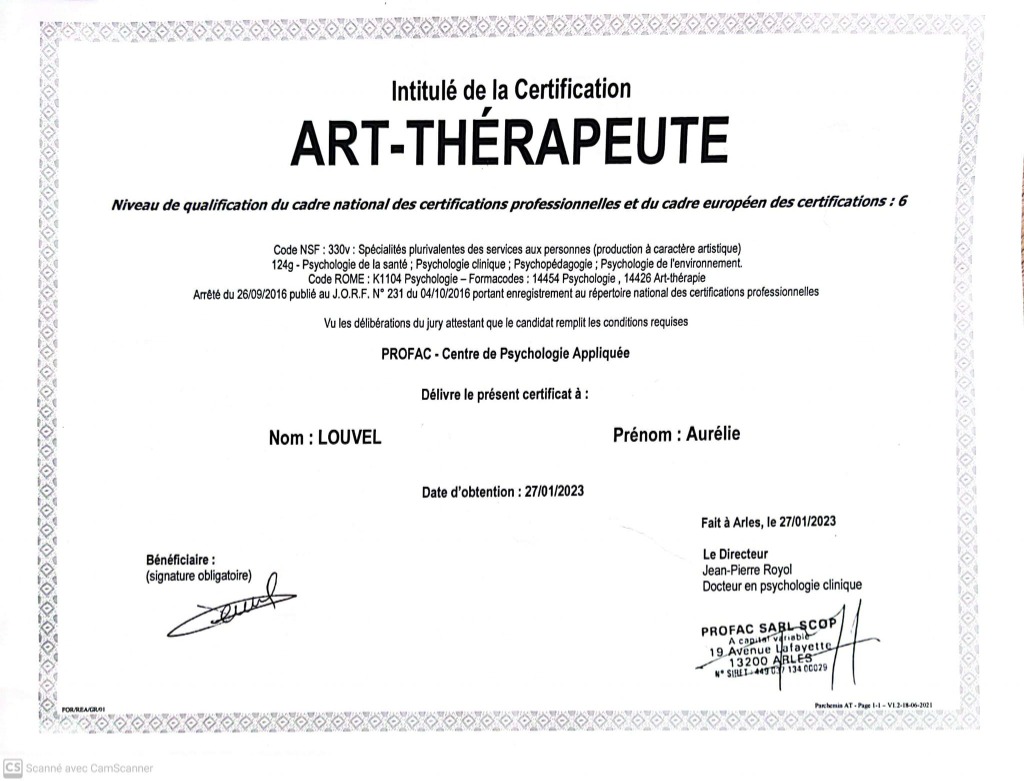 photo diplome Aurélie Louvel - Bibliothérapie & Art-thérapie