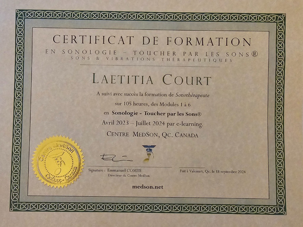 photo diplome Healing frequency - LAETITIA.C