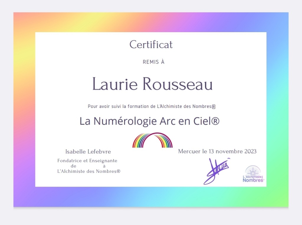 photo diplome Laurie Rousseau Alchimiste des Nombres®️