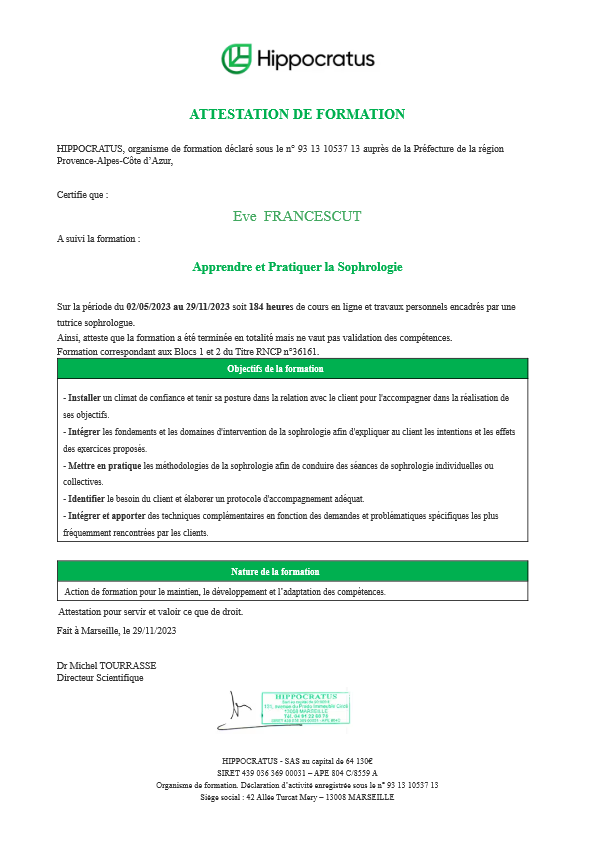 photo diplome EVE FRANCESCUT SOPHROLOGIE