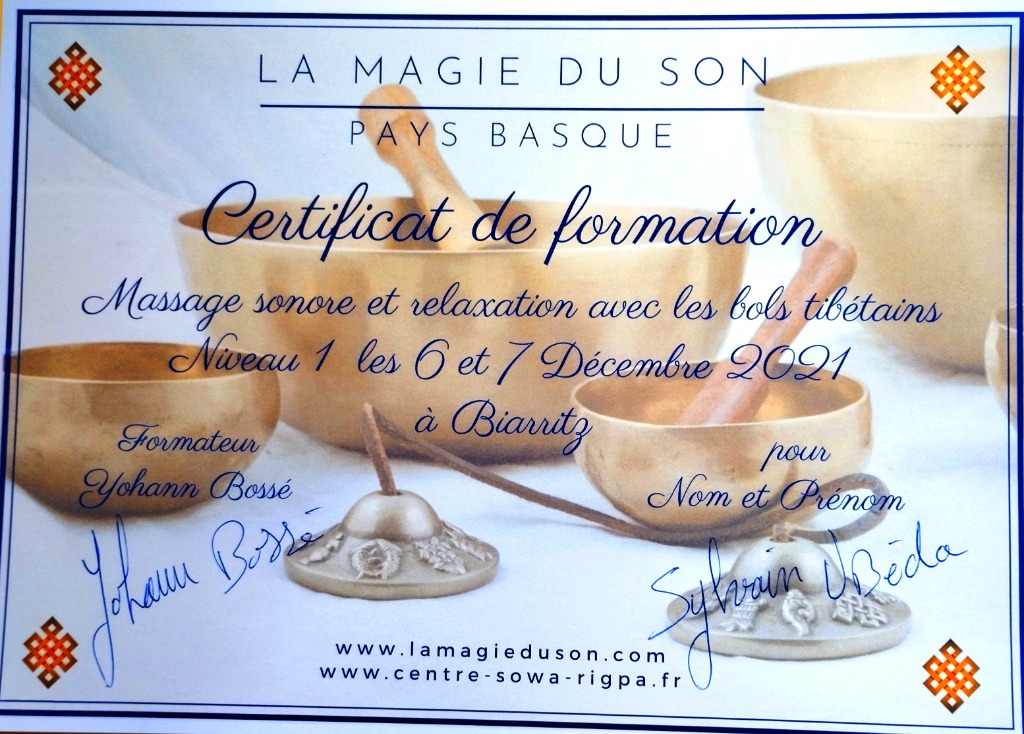 photo diplome Sylvain sonothérapie 