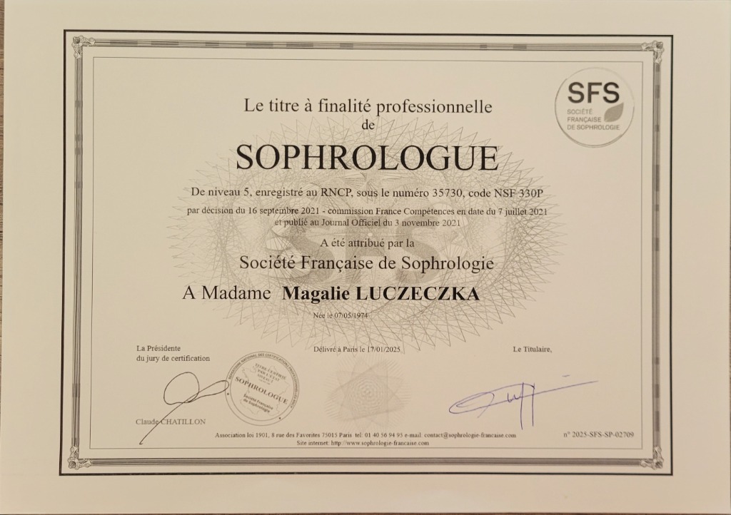 photo diplome Magalie Luczeczka, Sophrologue Relationnelle
