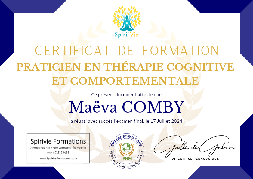 photo diplome Maëva Comby-Praticienne TCC-Anxiété & Relation