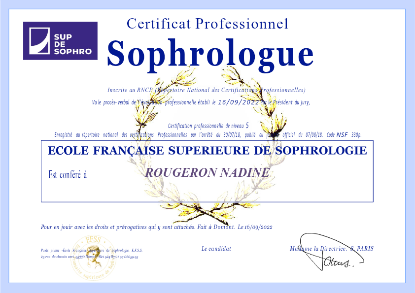photo diplome Sophro Nadine ROUGERON