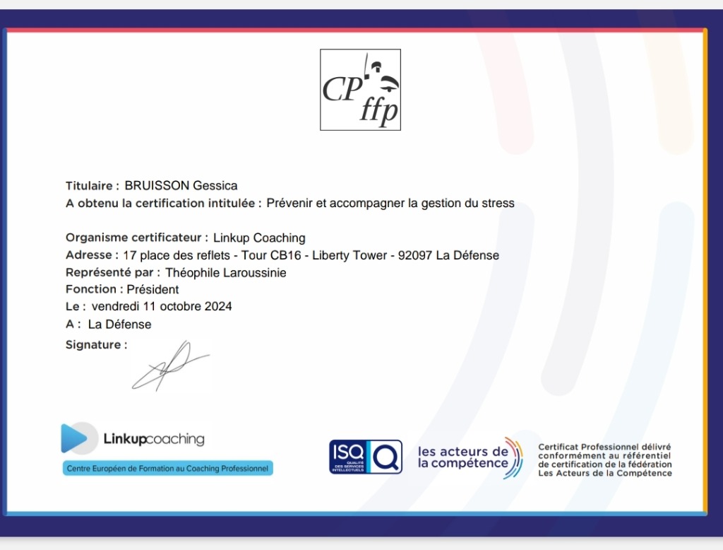 photo diplome Bg Formation - gestion du stress RPS/QVCT