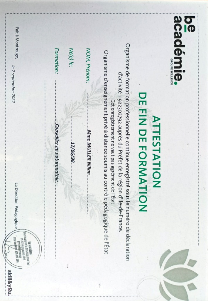 photo diplome Nillan Naturopathie