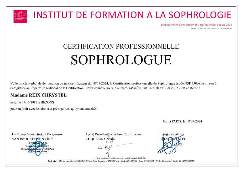 photo diplome Hormê Sophro _ Chrystel Reix