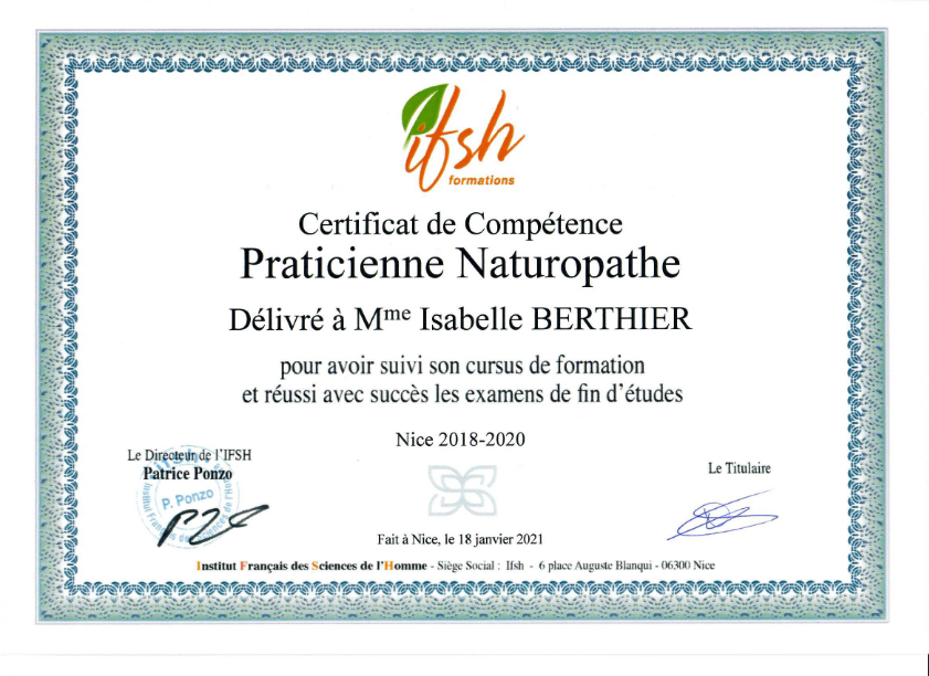 photo diplome Isabelle Carrette Naturopathe