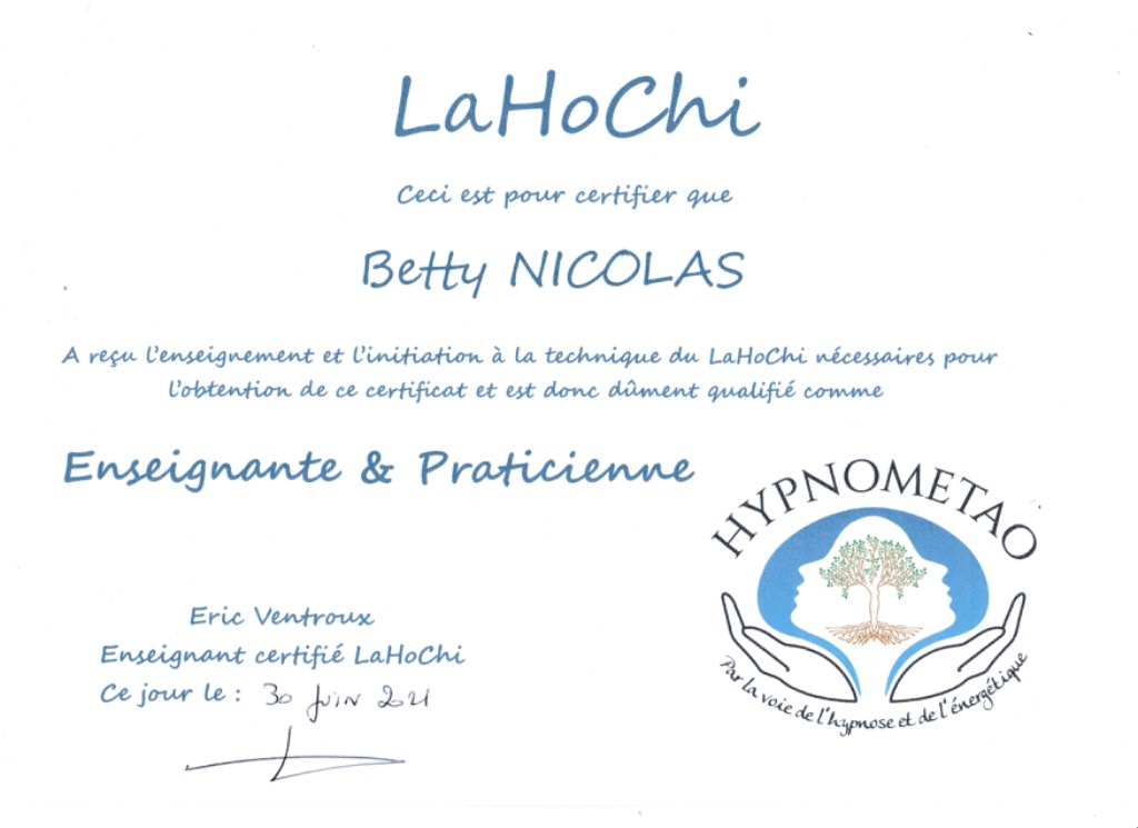 photo diplome Betty magnetiseuse et pratique du Lahochi