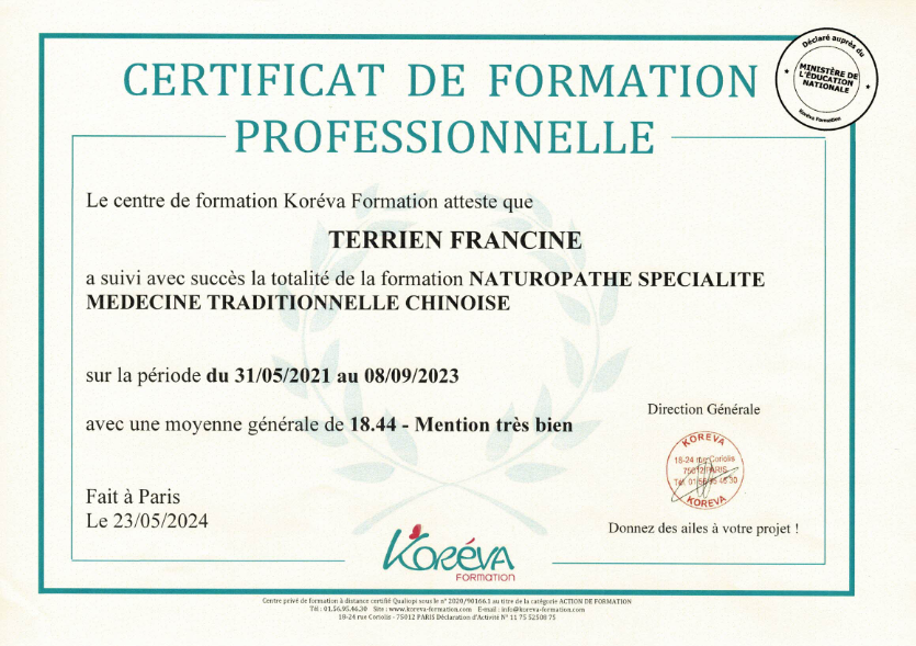 photo diplome Francine Terrien, Loup la Vie