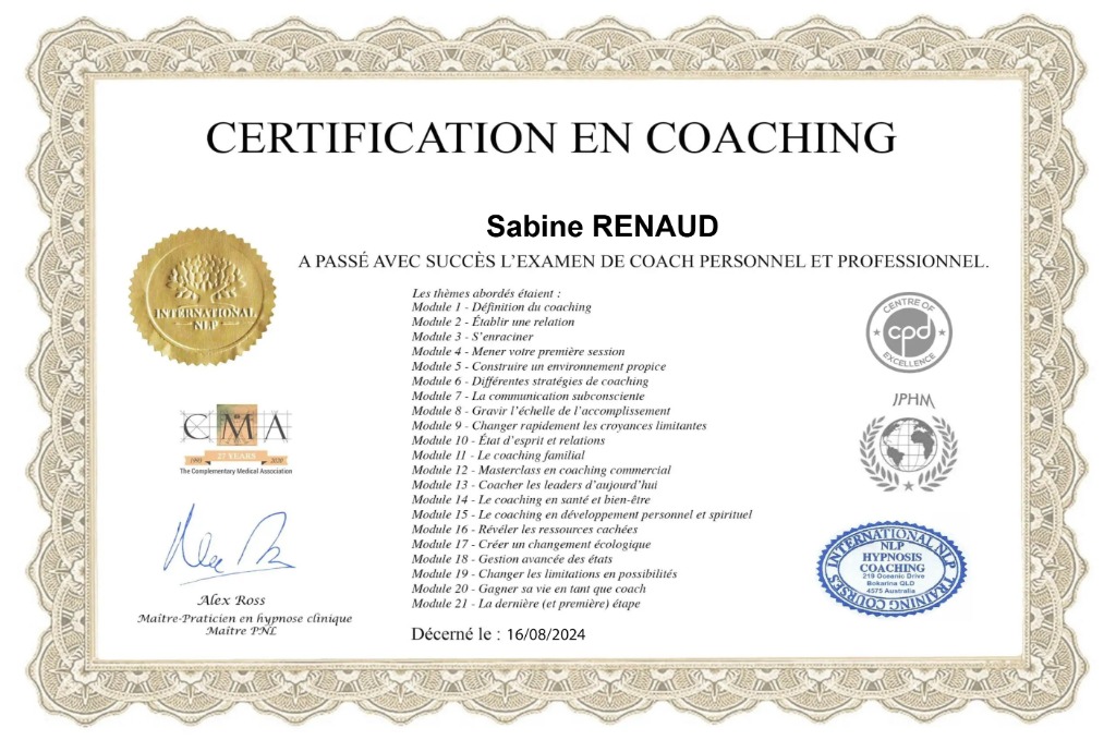 photo diplome Sabine RENAUD Coach Scolaire des Atypiques