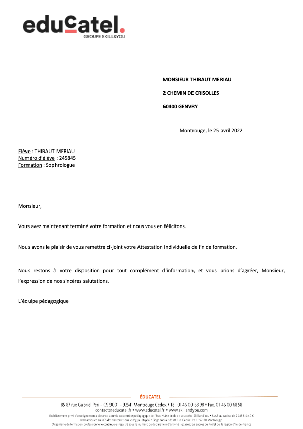 photo diplome Thibaut Meriau Sophrologie