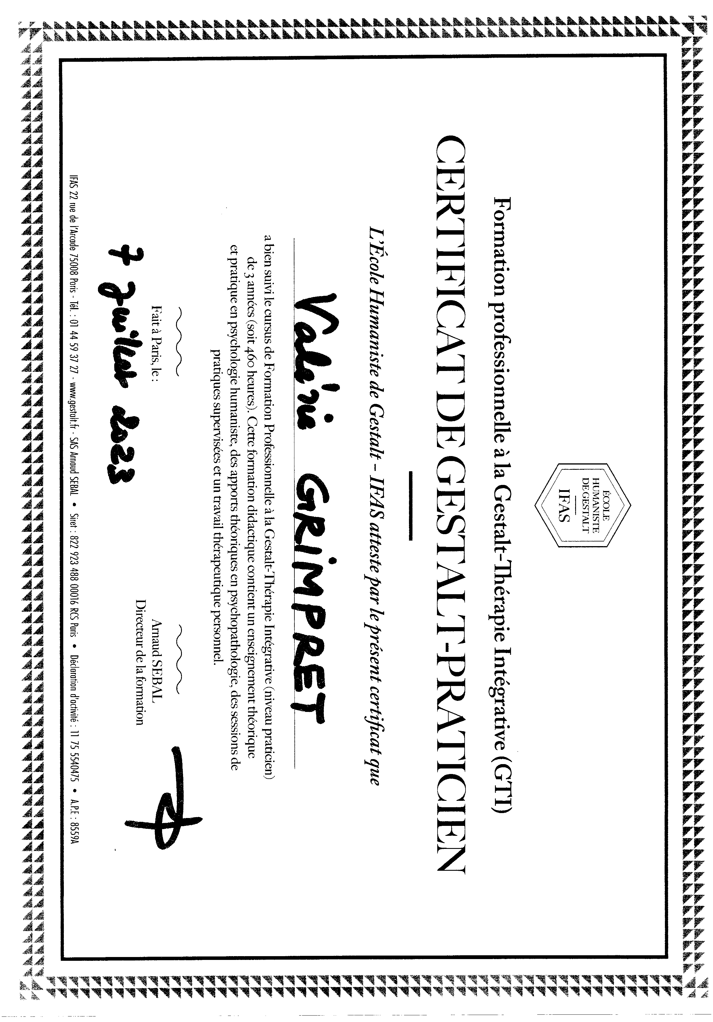 photo diplome Valérie GRIMPRET