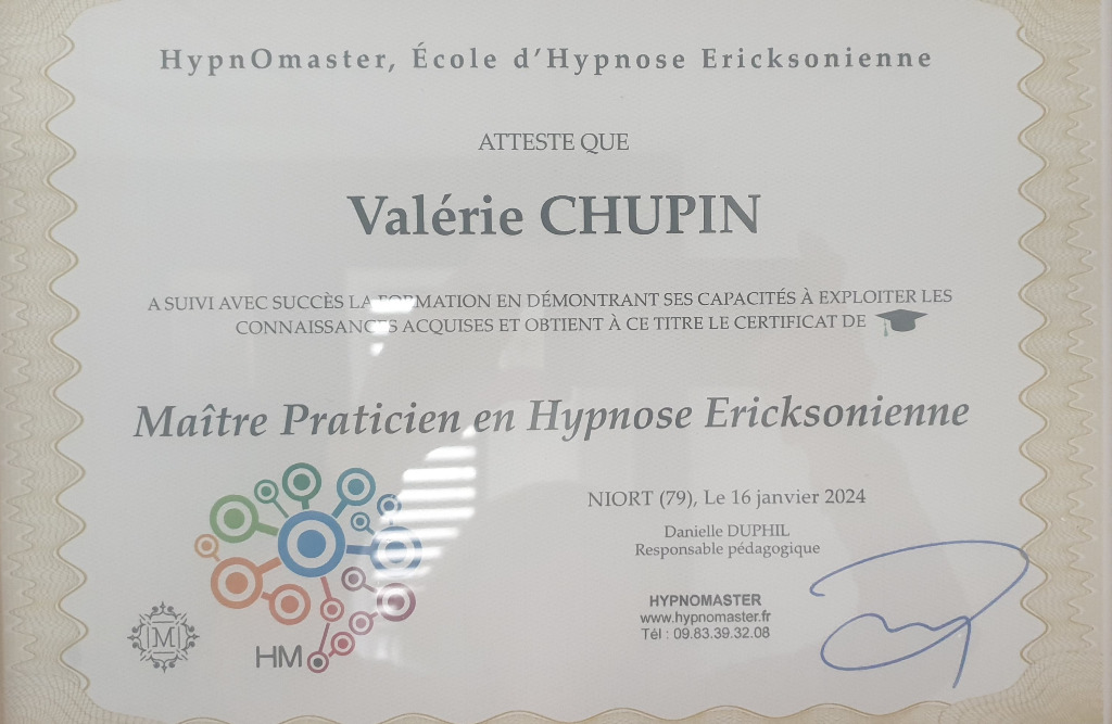 photo diplome CHUPIN Valérie - CHUT’HYPNOSE