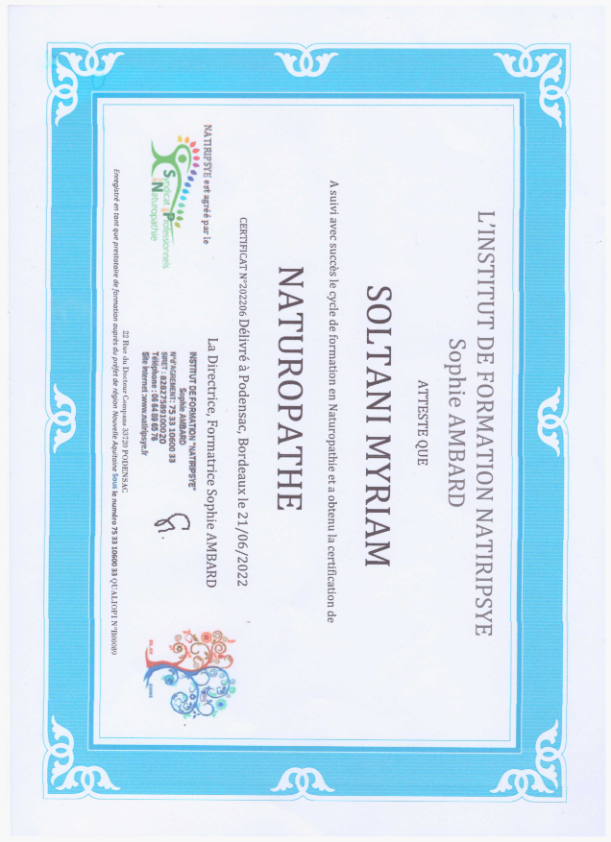 photo diplome Cabinet de naturopathie Myriam Soltani