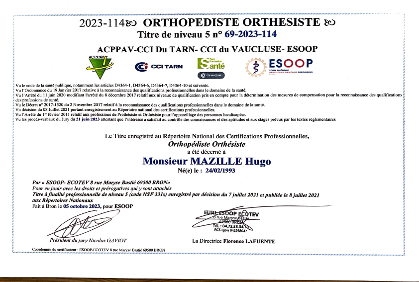 photo diplome Belledonne Podologie Hugo MAZILLE