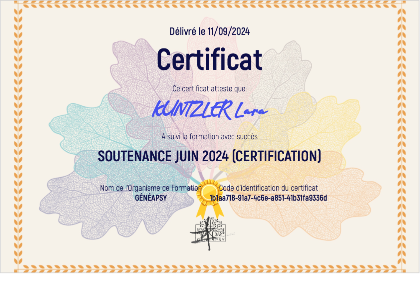 photo diplome Lara Kuntzler Thérapeute