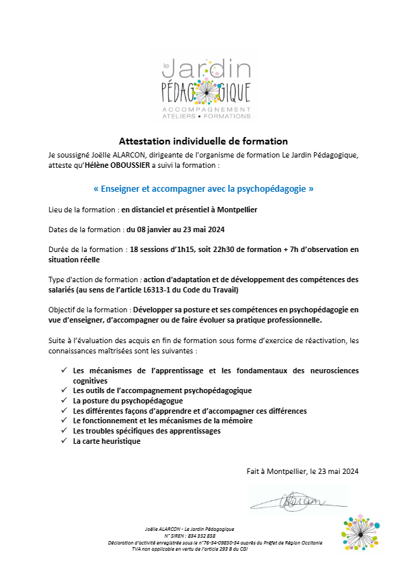 photo diplome Hélène Oboussier - A La Claire Pensée