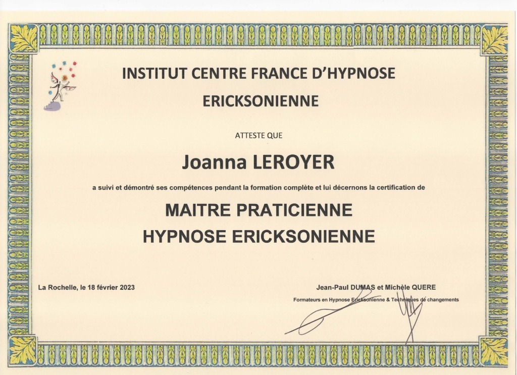 photo diplome Joanna Hypnothérapeute