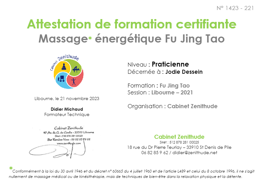 photo diplome Jodie Dessein - Massage bien-être