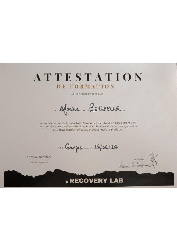 photo diplome La Massagerie d’Amine