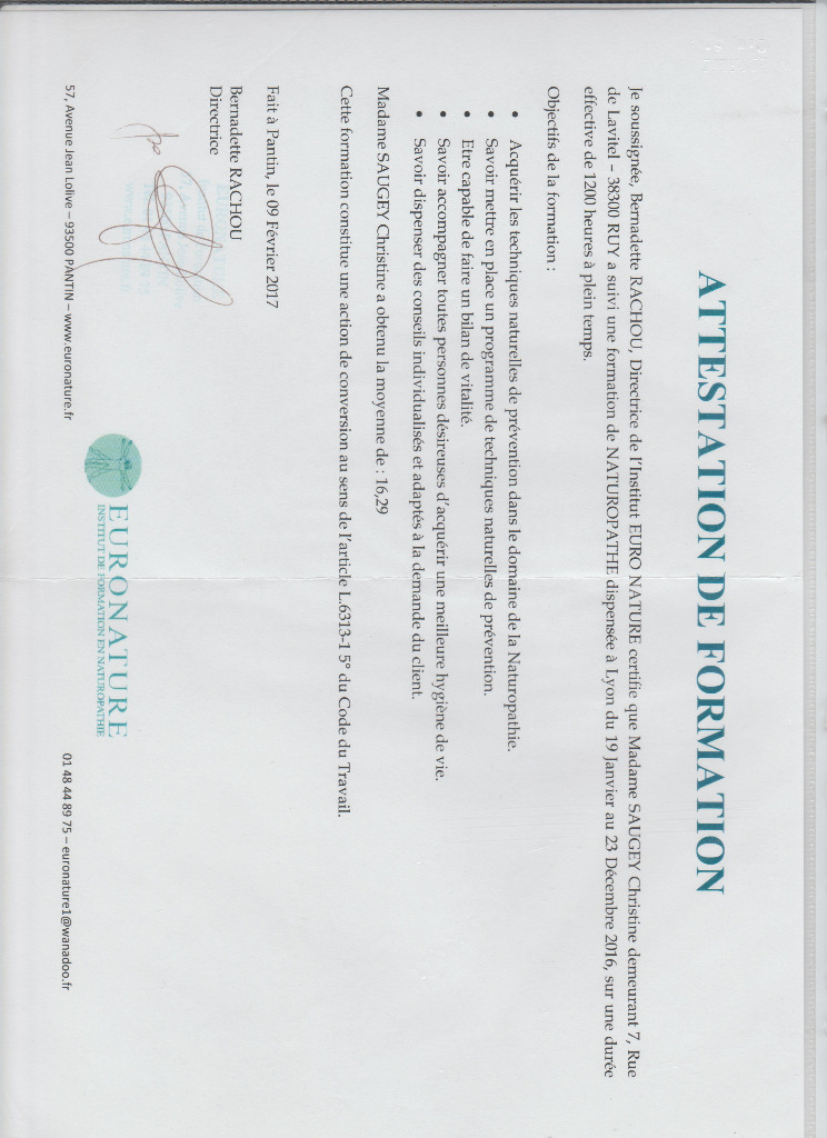 photo diplome Christine Saugey Naturopathe