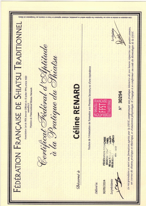 photo diplome L’ESSENCE DU SHIATSU