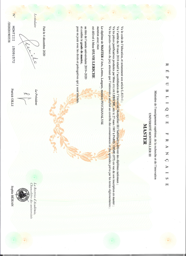 photo diplome Sylvie Leriche Psychanalyste