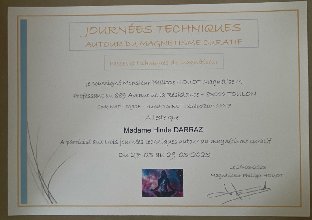 photo diplome Cabinet Hypnose & Magnétisme var 83