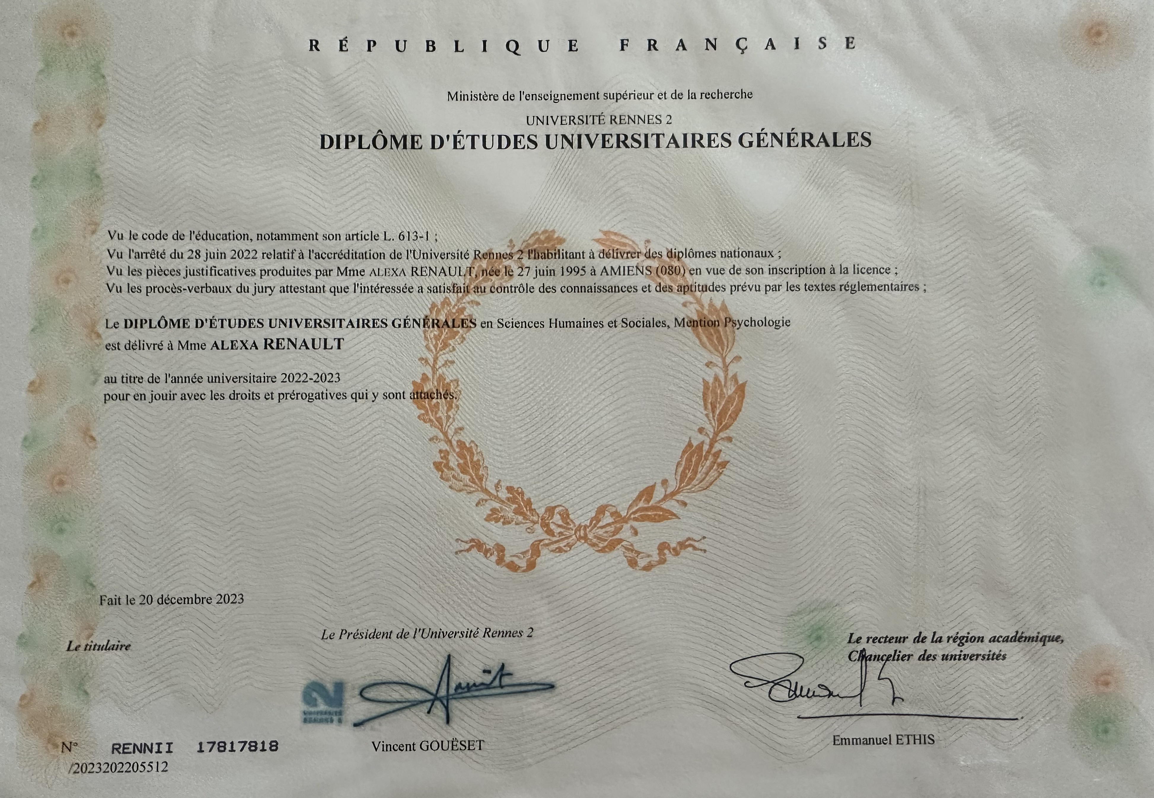 photo diplome Alexa RENAULT