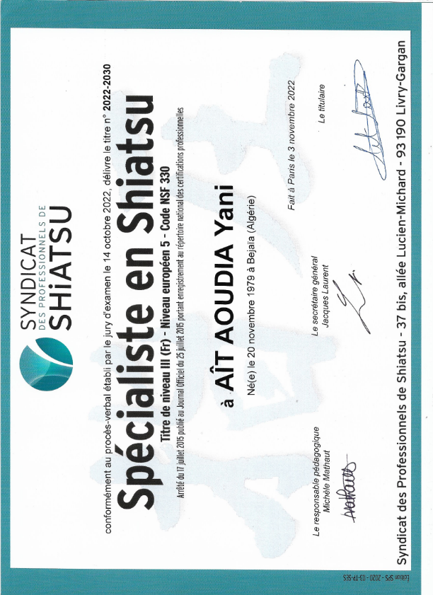 photo diplome YaniShiatsu