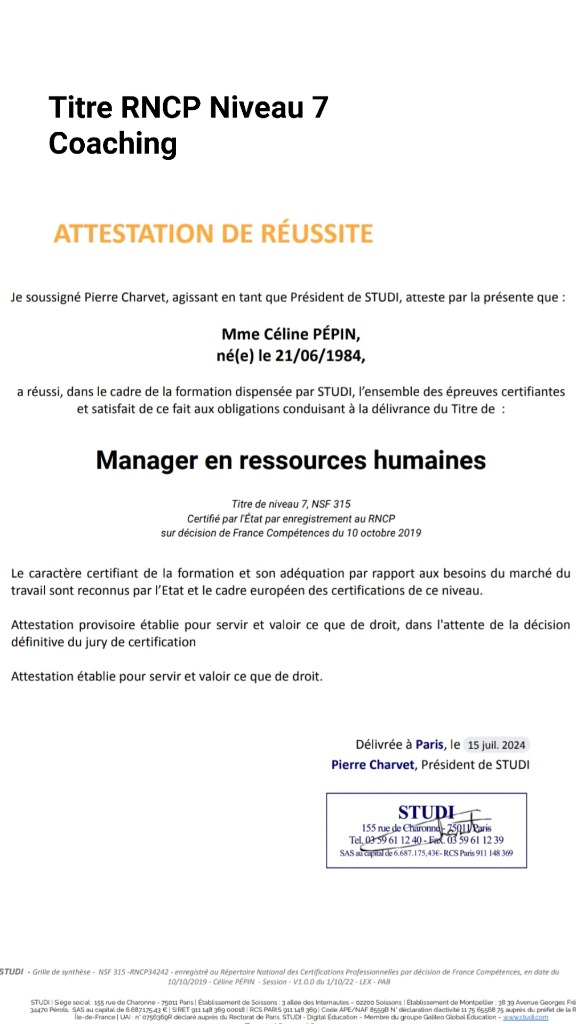 photo diplome Celine Coaching