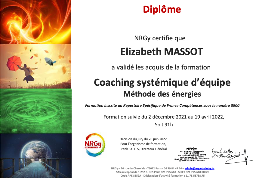 photo diplome Elizabeth MASSOT (EMCoaching)