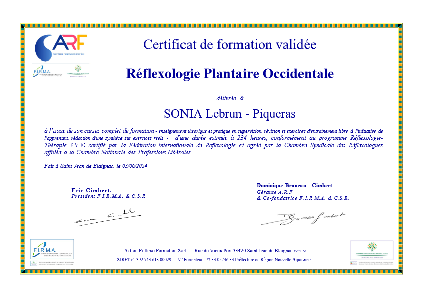 photo diplome Sonia Piqueras Réflexologie
