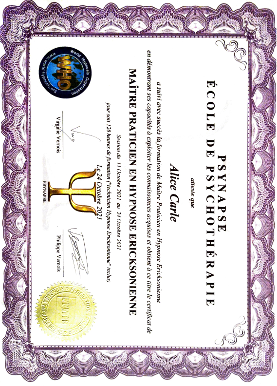 photo diplome Alice Carle Hypnothérapie