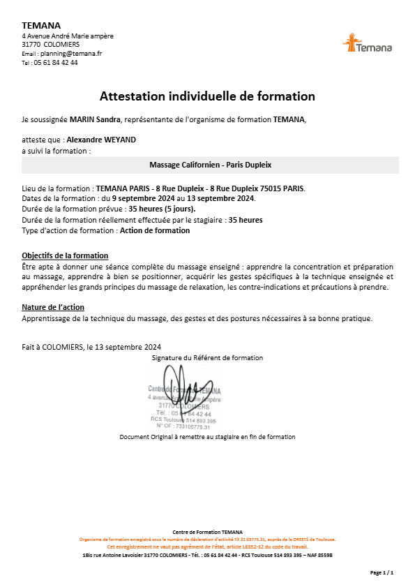 photo diplome Alexandre massage bien-être