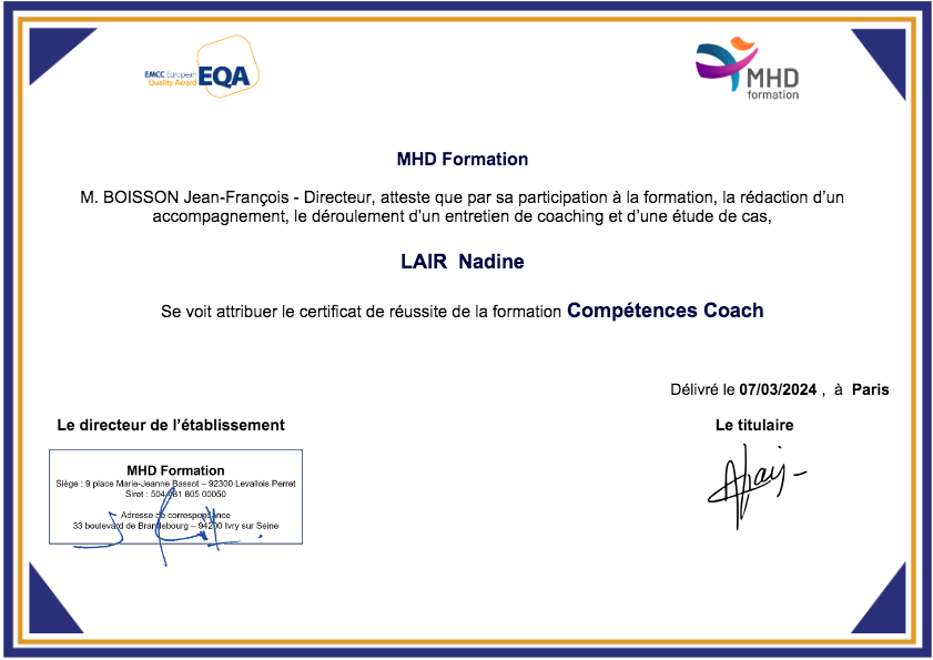 photo diplome Nadine LAIR  -  NL Coaching