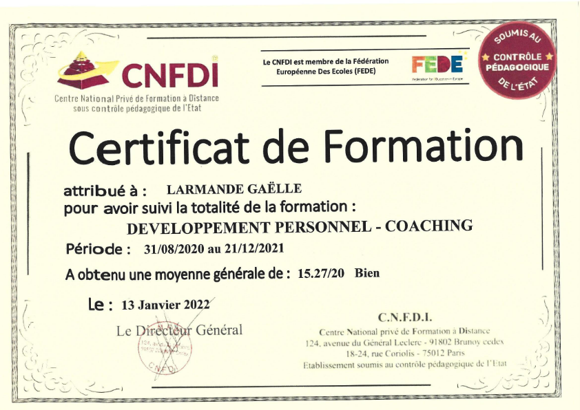 photo diplome Gaëlle Larmande - Horizon Coaching