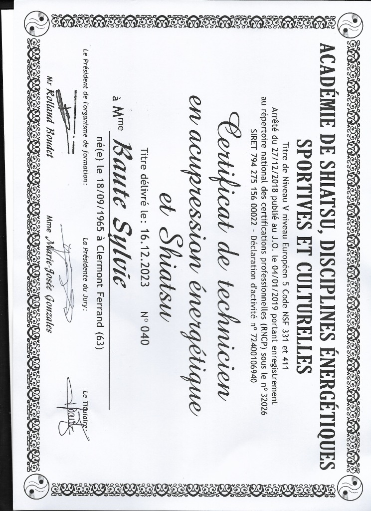 photo diplome ANORIA SHIATSU