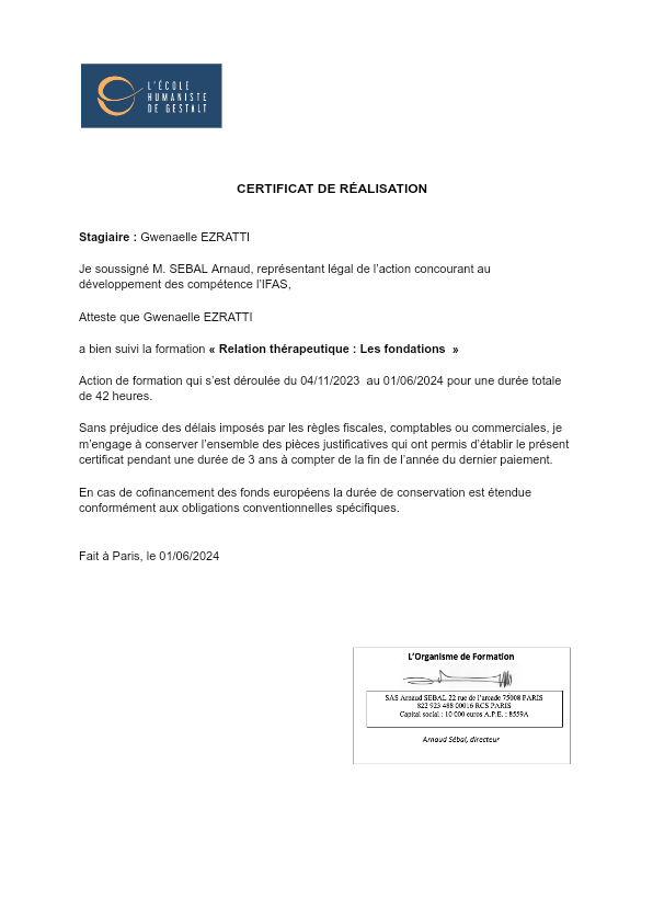 photo diplome EZRATTI Gwenaëlle de Pépite de Gestalt