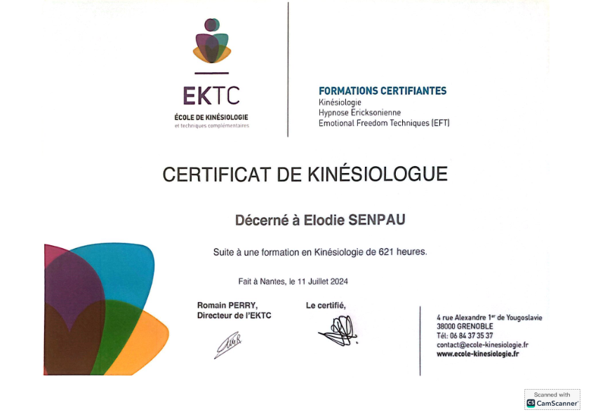 photo diplome Elodie SENPAU - Kinésiologue certifiée