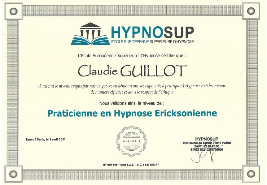 photo diplome Claudie Guillot - HYPNOSE A LA CARTE
