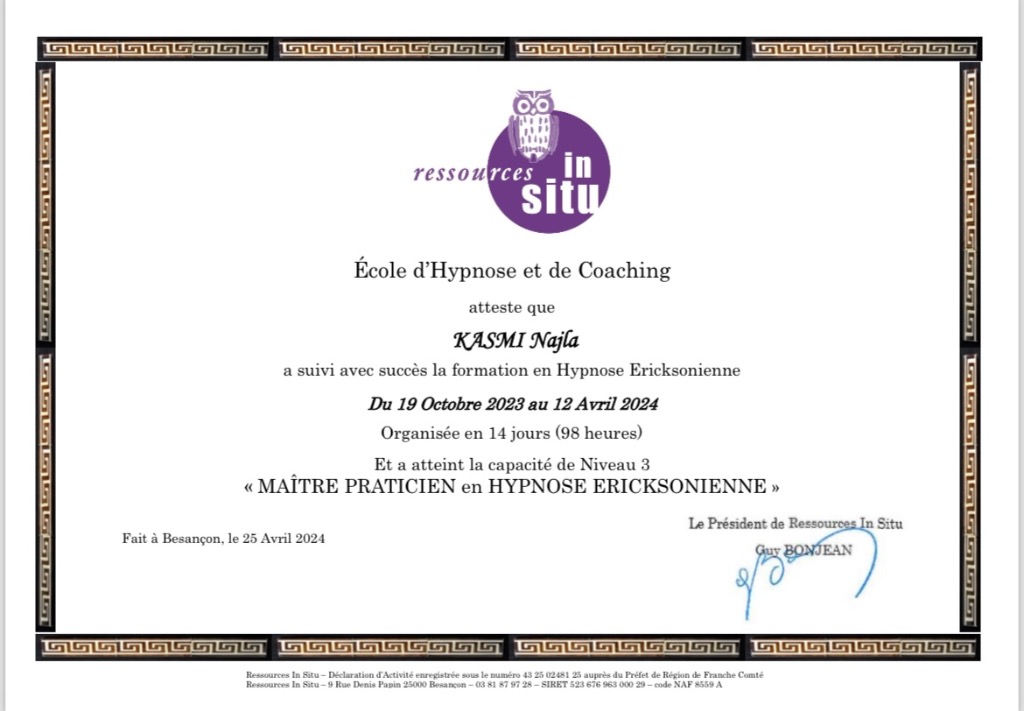 photo diplome HYPNOSE ET VOUS_
