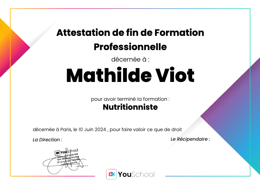 photo diplome Mathilde VIOT - Coach en nutrition 