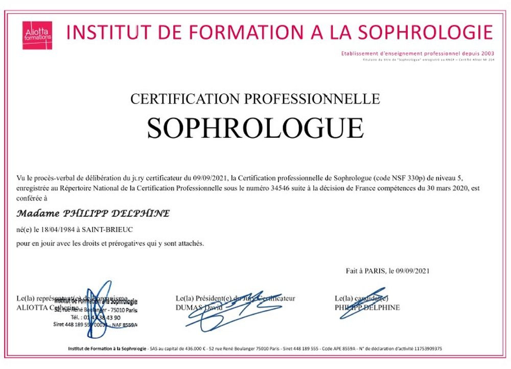 photo diplome Emeraude Sophrologie