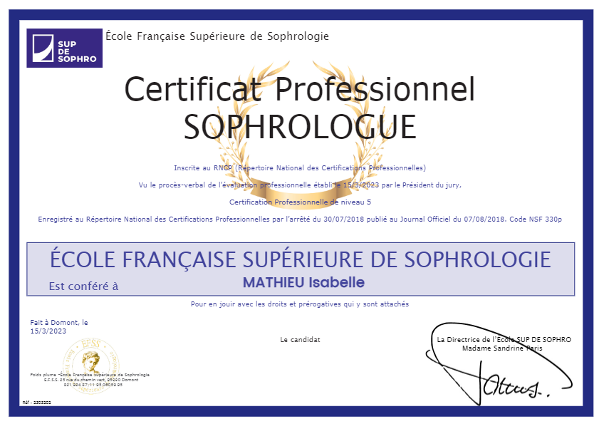 photo diplome Isabelle MATHIEU Sophrologue