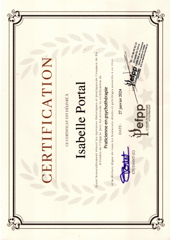 photo diplome CABINET DE PSYCHOTHERAPIE ISABELLE PORTAL