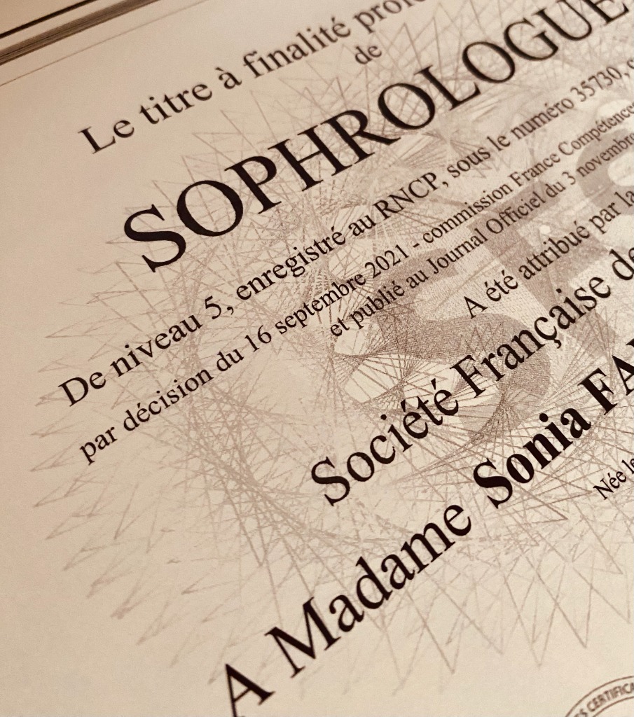 photo diplome Fantin Pittelli Sonia Sophrologue