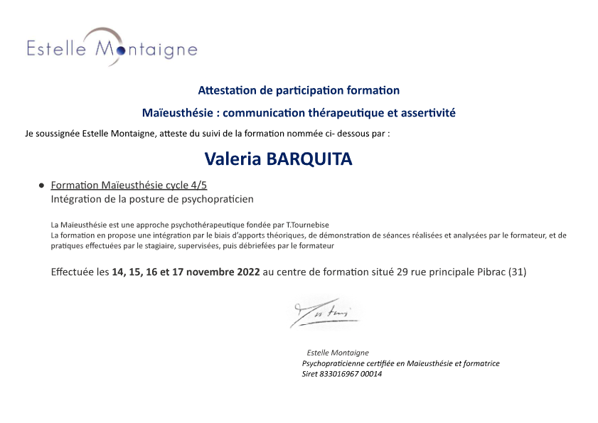 photo diplome Valeria de la Fontaine Barquita